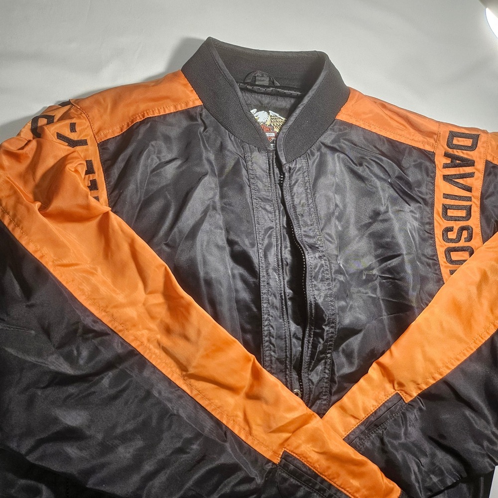 Harley-Davidson Mens Bomber Jacket Black Orange Logo Mesh Lined Large CA 03402